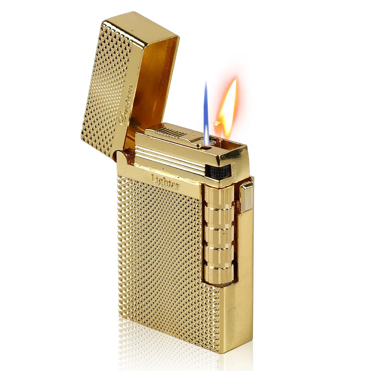 Mechero Inflable Clásico Retro: Mechero Llama Conmutable, Encendedor Flip, Encendedor de Butano Recargable para Velas, Cocina, Barbacoa, Regalo para Hombre Mujer (Vendido sin Gas, Oro)