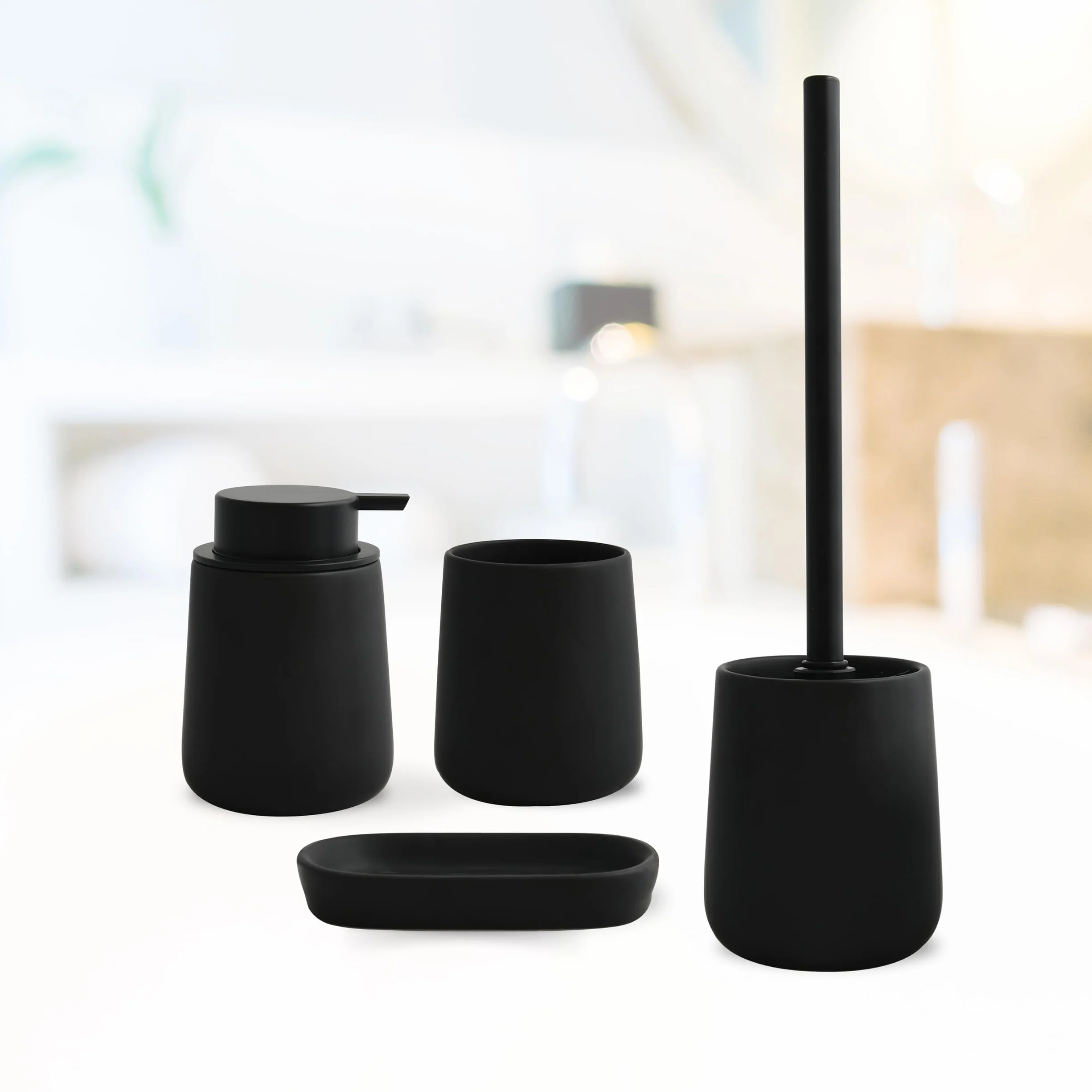 MSV - Escobillero con Soporte de cerámica - Modelo MAONIE - Cerdas Resistentes al Desgaste - 10,4 x 38,8 cm - De pie - Portaescobillas Fijo - Diseño clásico - Negro