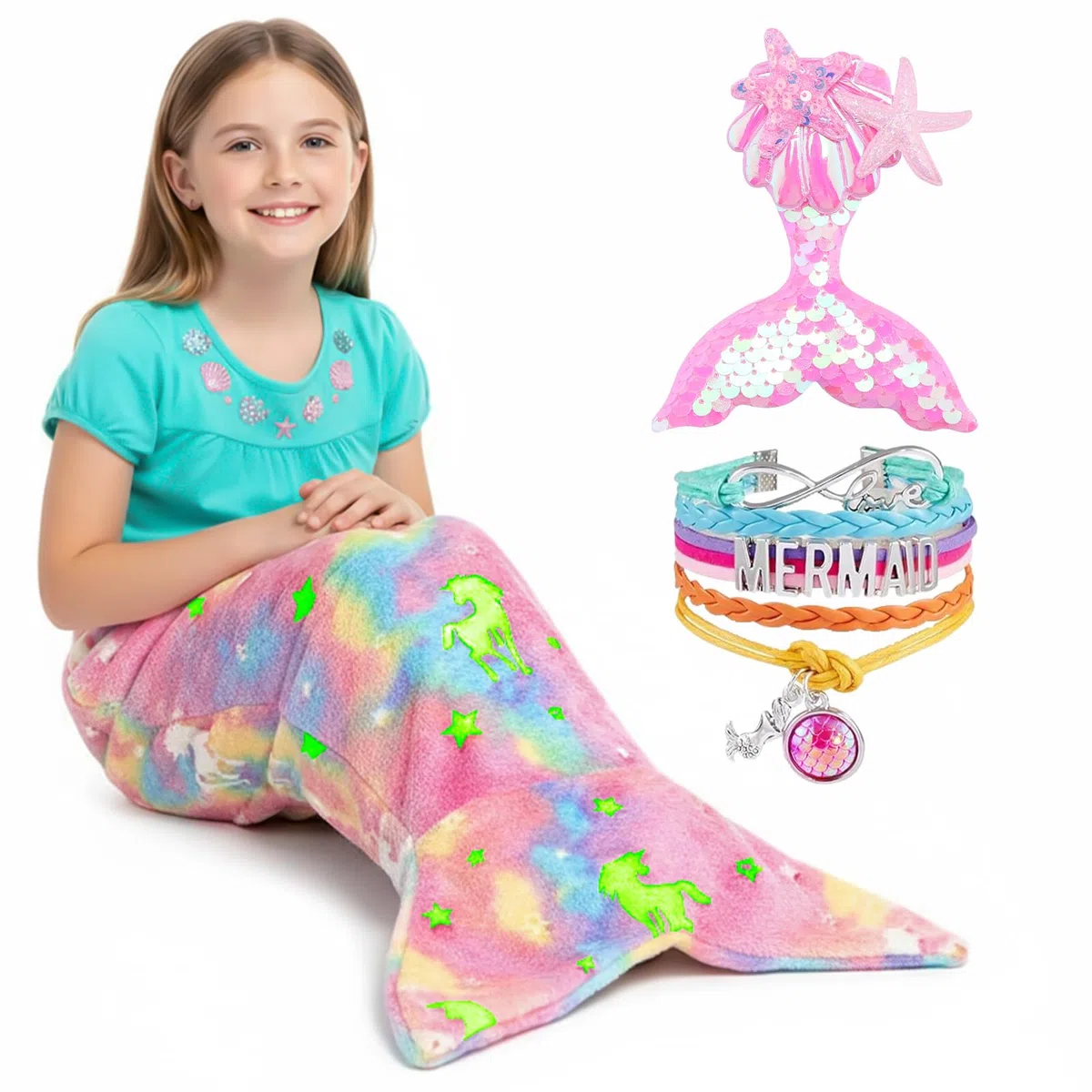 Manta Sirena Niña, Brilla En La Oscuridad Manta Cola De Sirena,Forro Polar De Franela,Arcoíris,con Pulsera De Horquilla De Lentejuelas,Saco De Dormir De Sirenas Regalo De Cumpleaños (color rosáceo)