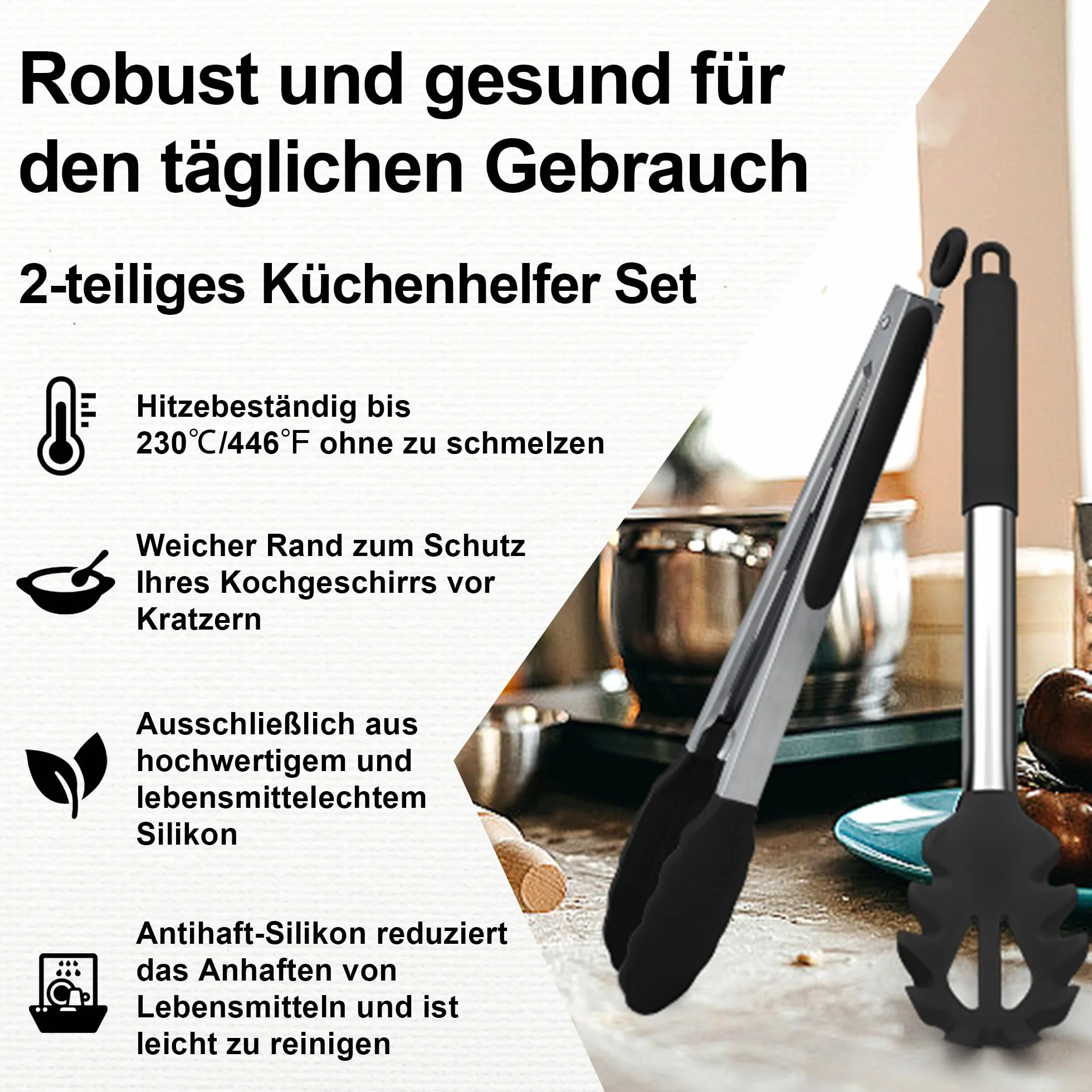 Homikit Cuchara de espagueti de silicona y pinzas de cocina (2, negro)