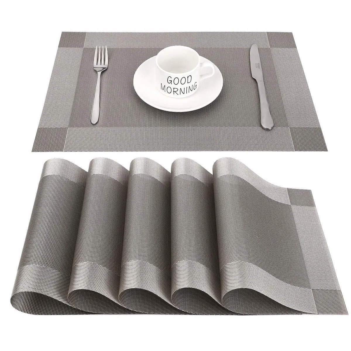 Manteles Individuales Lavables Salvamantele Individuales PVC Antideslizantes Resistente al Calor Juego de 6 para la Mesa de Comedor de Cocina,(Gris+Plateado)