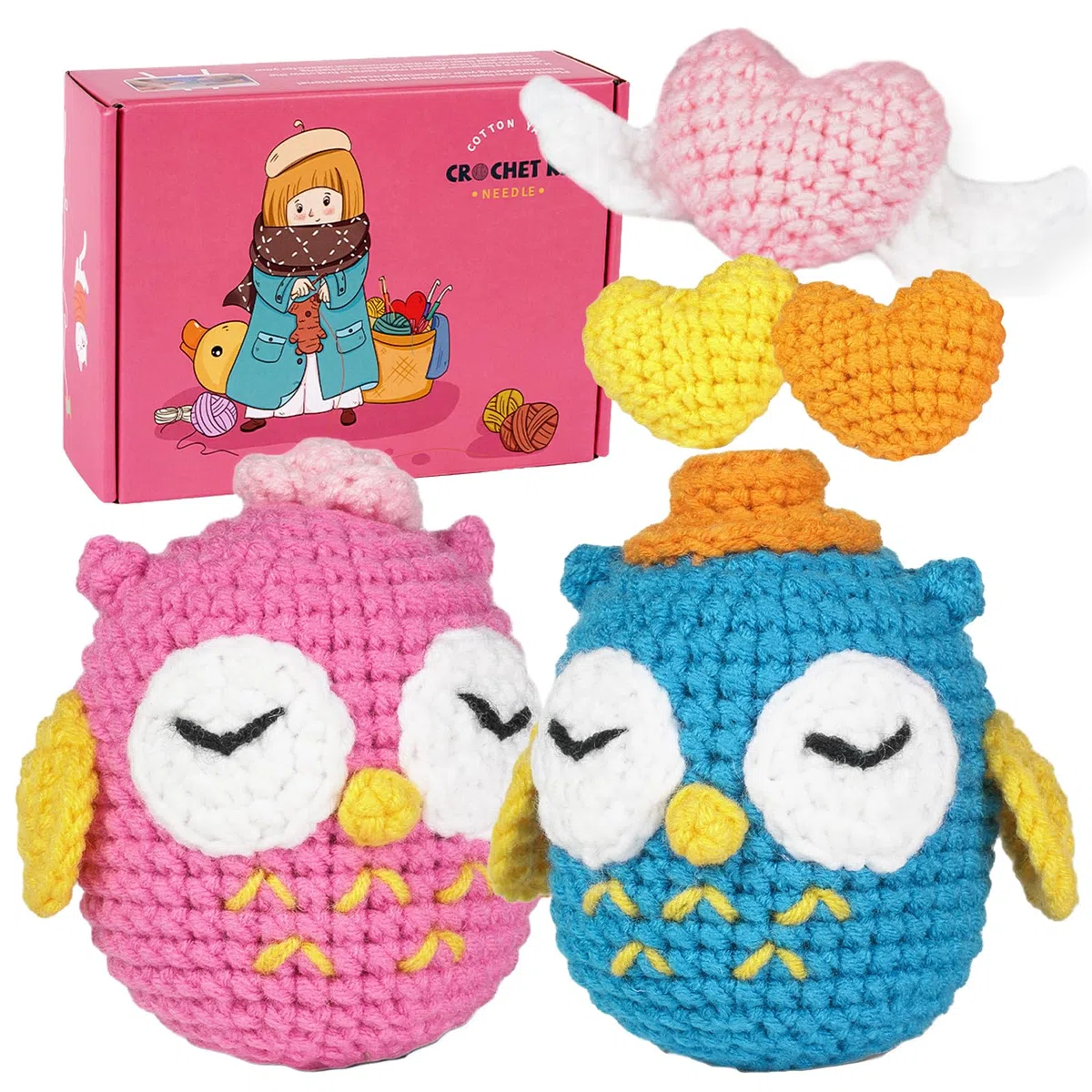 JasCherry Kit de crochet, kit de animales para principiantes adultos, regalo de crochet DIY con video instructivo paso a paso, hilo suave, manualidades de tejido - Búho azul y rosa