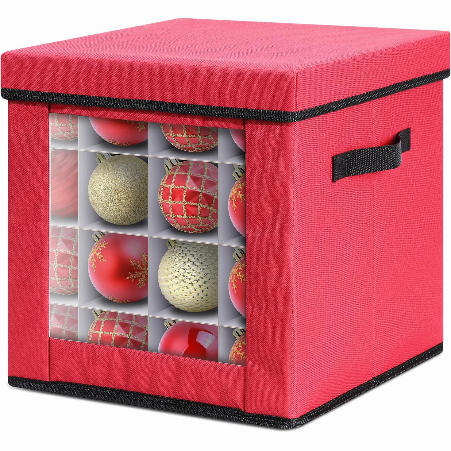 Caja Bolas Navidad, Ohuhu Caja para Guardar Adornos de Navidad 64 Compartimentos de 7,6 cm, Caja Almacenaje Bolas Navidad con Tapa y Bolsillo Trasero, Tela Oxford 600D