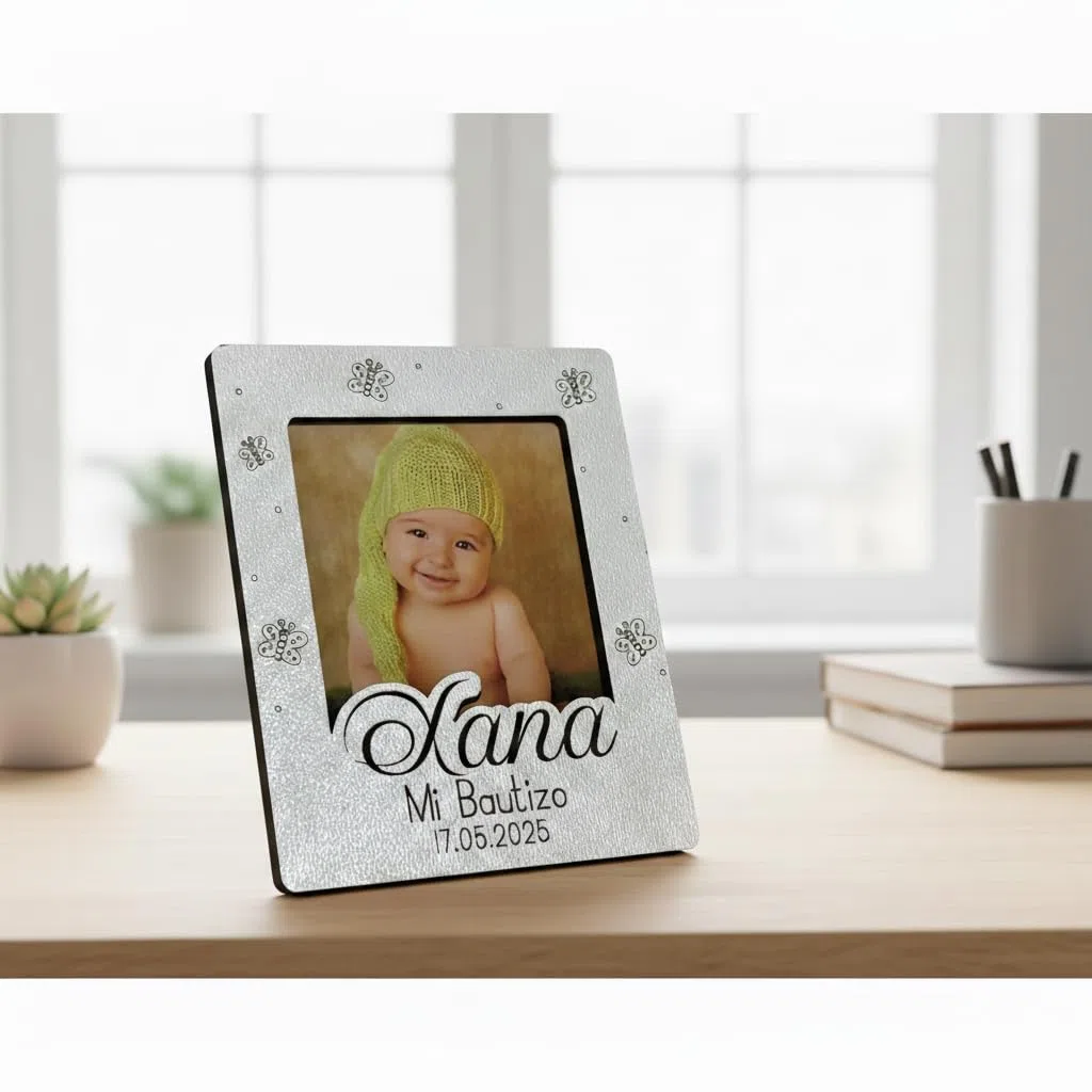 Genérico Lote 5 unidades. Marco de Fotos Personalizado con imán, personalizado para Bautizo, Comunión, Cumpleaños, Boda | Portafotos Imán de Madera con diseño personalizado, regalos para invitados