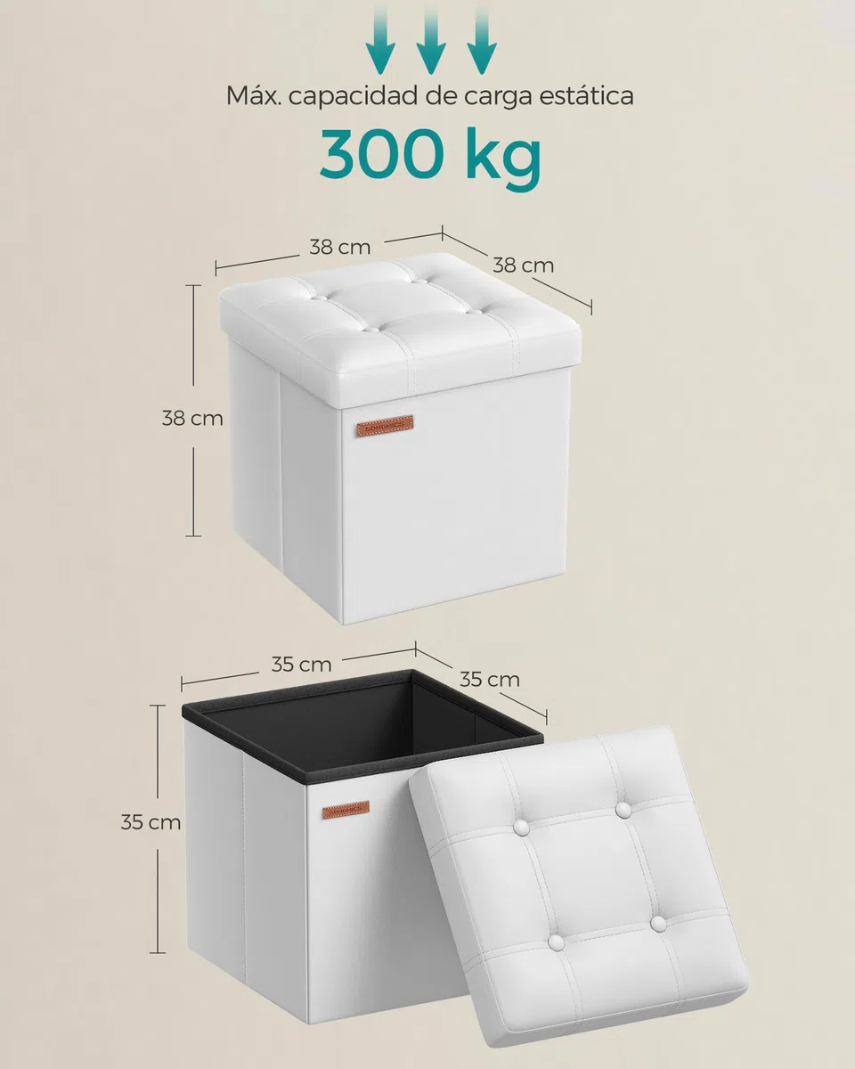 SONGMICS Puff Almacenaje de 38 cm, Banco de Almacenamiento Plegable con Tapa, Reposapiés, Cuero Sintético, Carga de 300 kg, para Entrada, Sala de Estar, Dormitorio, Blanco Nube LSF030W11