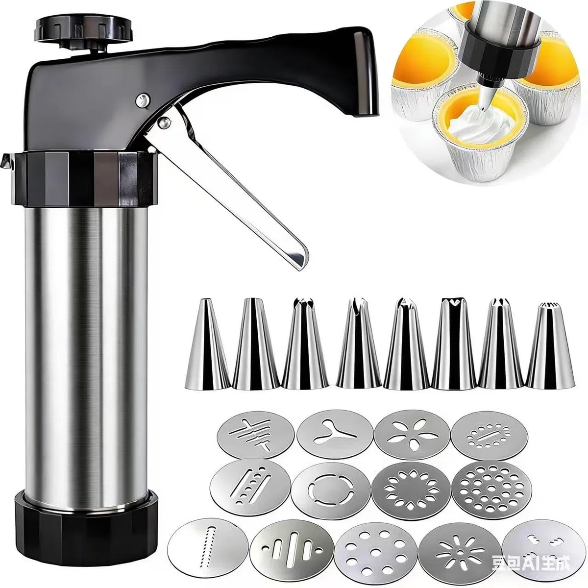 Jeringa para repostería de Acero Inoxidable, Juego con 13 Plantillas y 8 boquillas, Prensa de Galletas portátil para Decorar Pasteles, Galletas y postres
