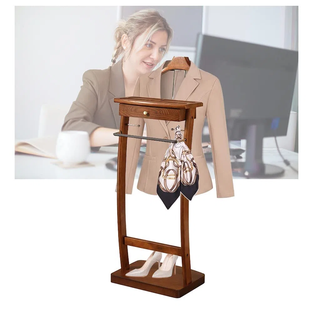 RajoNN Perchero de pie para Ropa, Perchero de Madera Maciza para Trajes, Organizador de pie para Ropa, Perchero con Percha y Barra para Pantalones para Oficina, Sala de Estar, Dormitorio