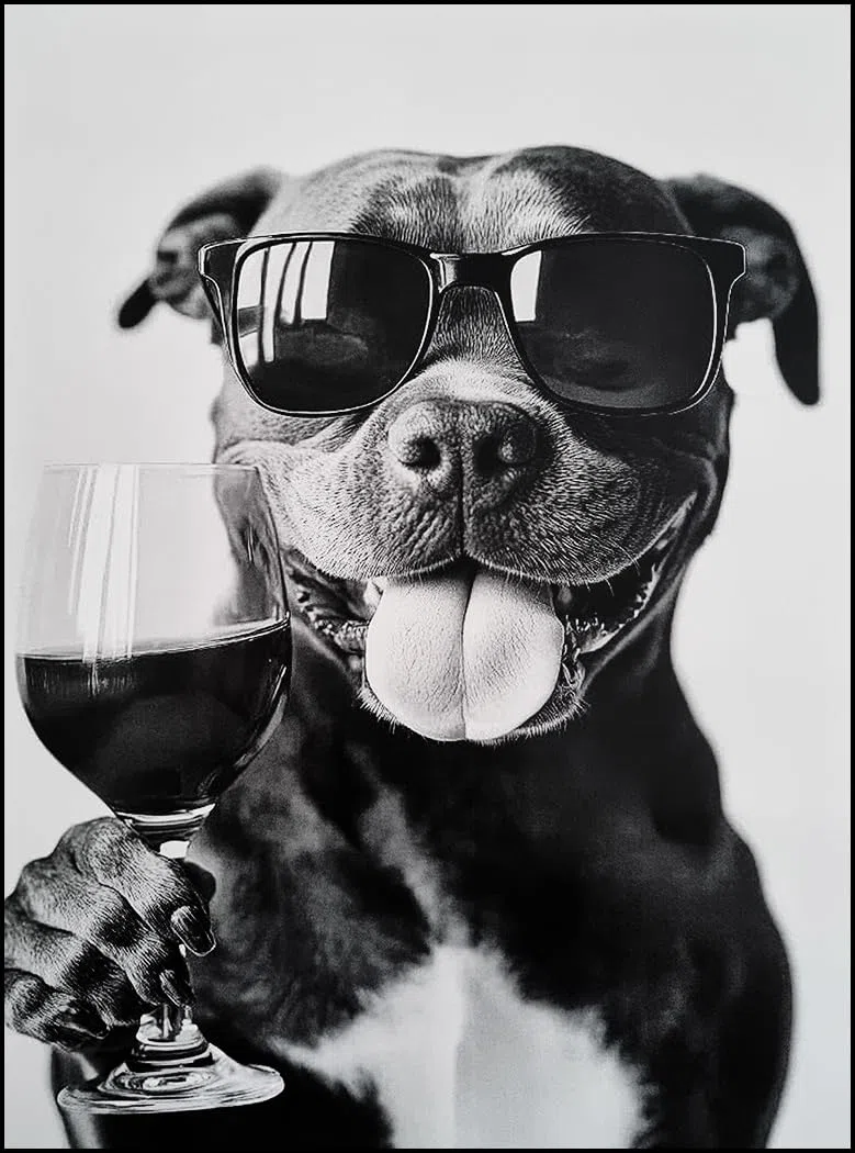KUSTOM ART Cuadro de pared o de mesa Serie Animales Perro Pit Bull con gafas y copa de vino, impresión artística sobre madera, 30 x 21 cm