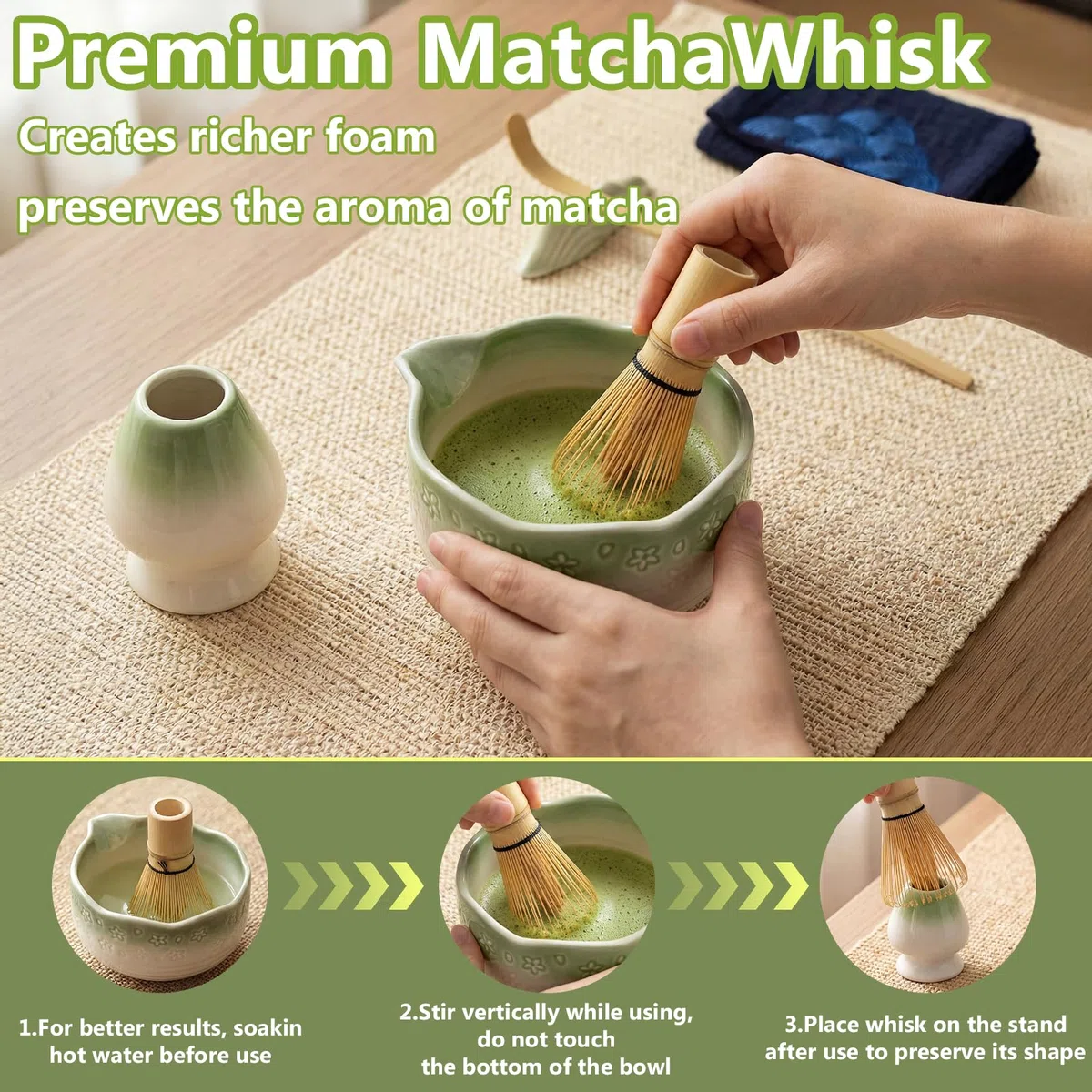 Matcha Kit 8 piezas, Kit Té Matcha Con diseño de sakura, Cuenco Matcha, Batidor Matcha, Cuchara, Tamiz, Soporte para Batidor, Kit Matcha Completo Regalo para Amantes el Matcha(Gradiente Verde)