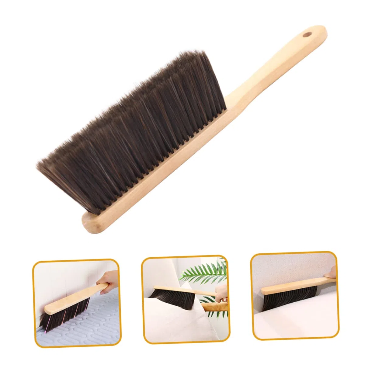 WOONEKY Cepillo de Limpieza para Sofá y Mostrador con Mango de Madera Marrón, Cerdas Suaves Que No Sueltan, Diseño Ligero para Limpieza Hogar