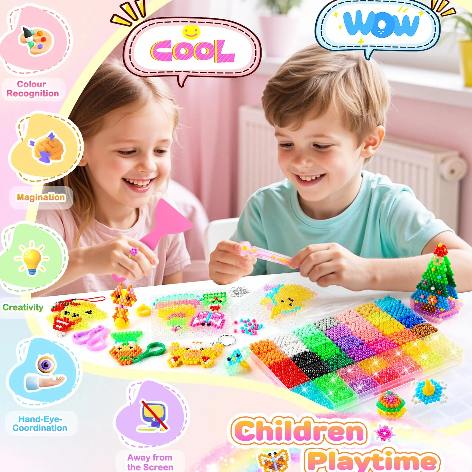 Cuentas de fusible de agua con purpurina, cuentas de spray de agua que brillan en la oscuridad, juego de cuentas mágicas brillantes, paquete de repuesto de cuentas adhesivas para niños, kit de arte