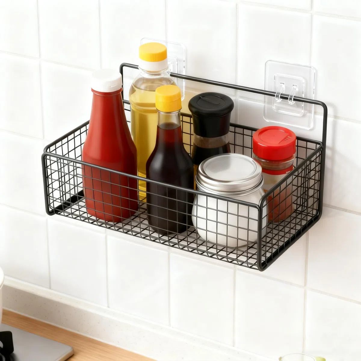 Cesta colgante de metal, 1 unidad, color negro, cesta de pared sin taladrar, cesta de almacenamiento para cocina, baño, despensa, dormitorio, estante de armario, cesta de alambre para montaje