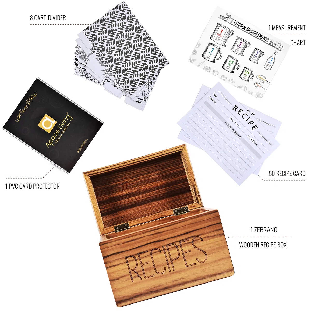 Apace Living Apace - Caja de recetas con tarjetas y separadores - Caja de madera de estilo vintage de 4 x 6 pulgadas, exclusiva de la colección Premier, se adapta a 240 tarjetas (cebrano)