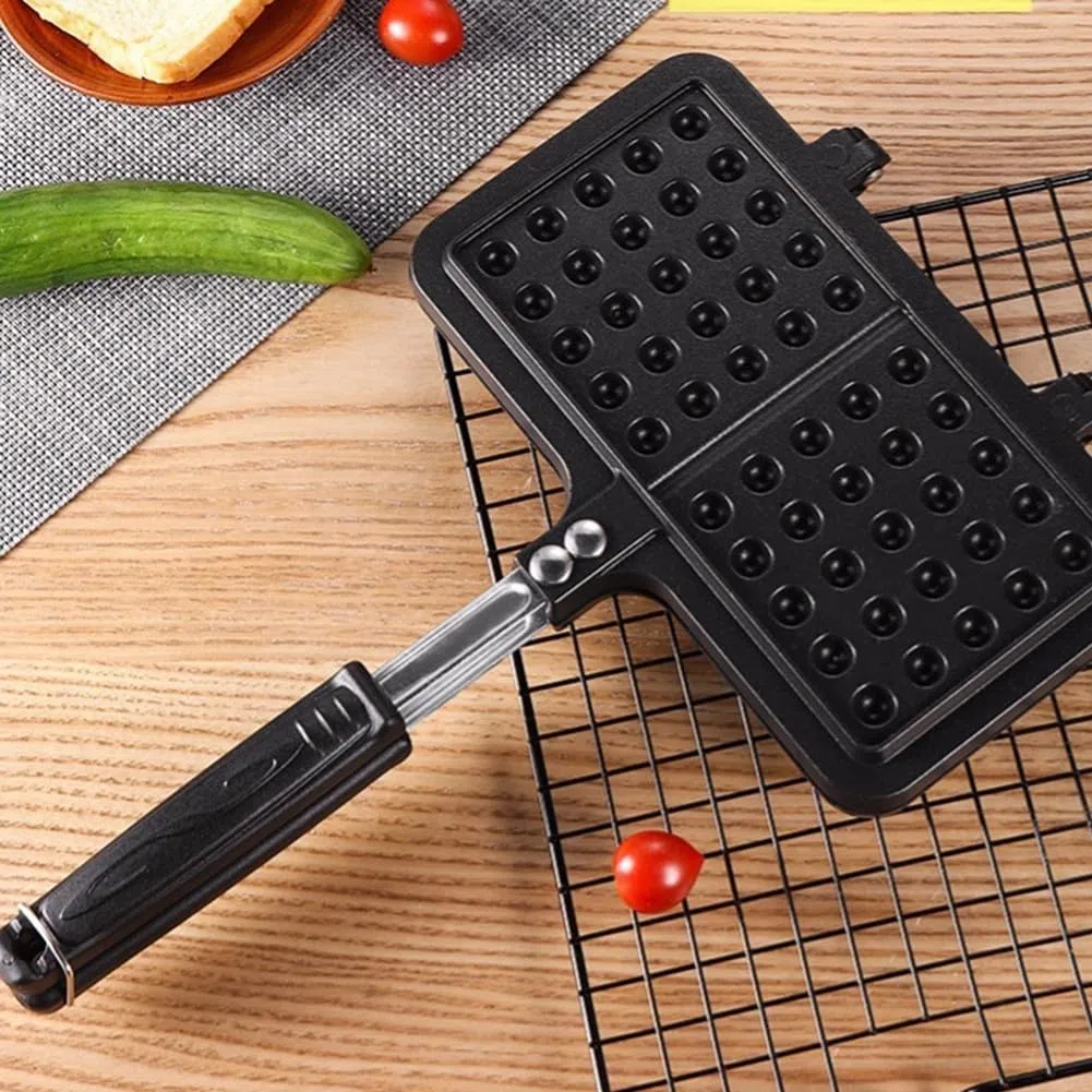 Sartén antiadherente belga para estufa de gas, parrilla giratoria de metal para desayuno, cocina de doble cara con mango resistente al calor (gofre de dos cabezas)