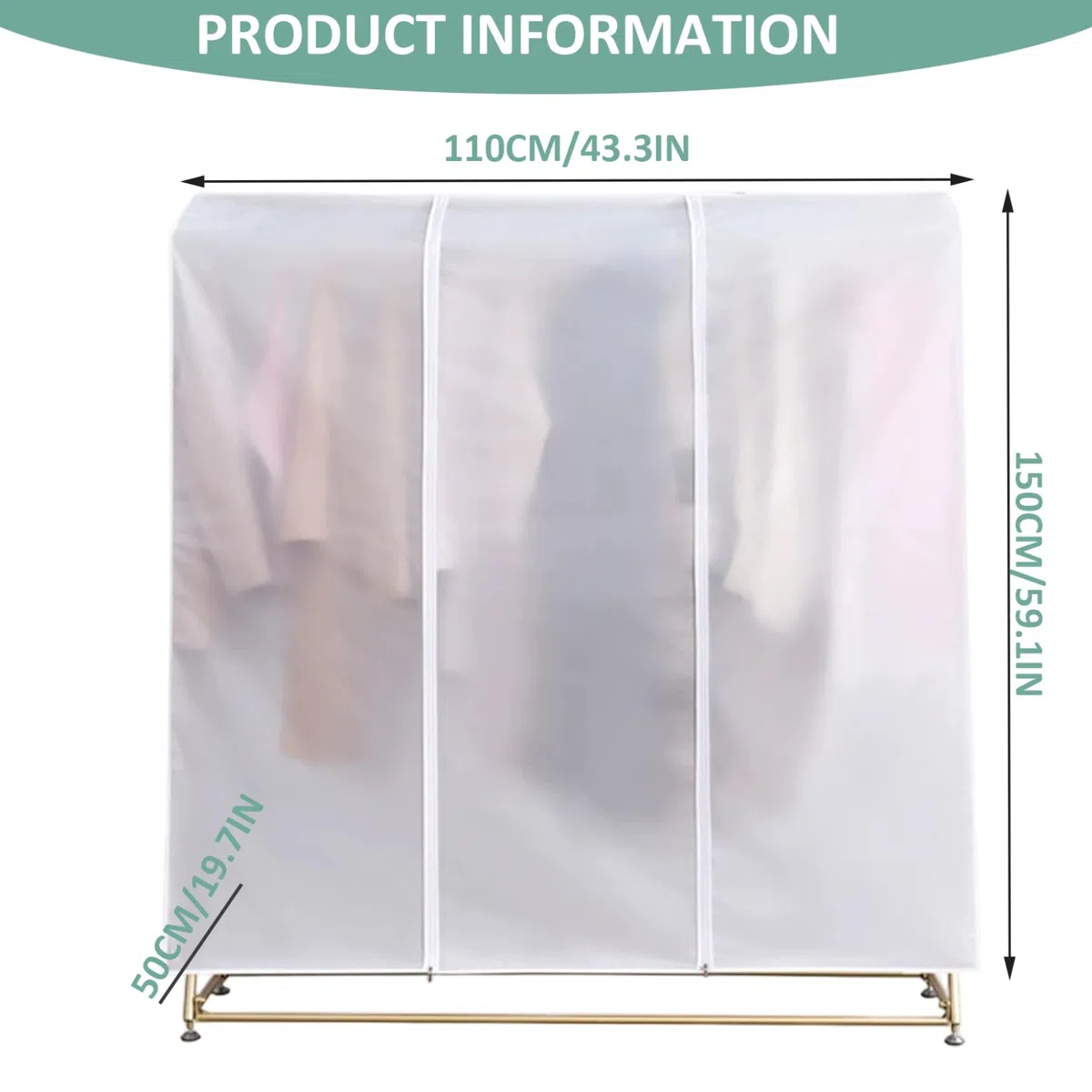 Cubierta para perchero, cubierta para perchero, fundas para armario impermeables a prueba de polvo con cremallera para traje, abrigo, vestido (110 * 50 * 150cm)