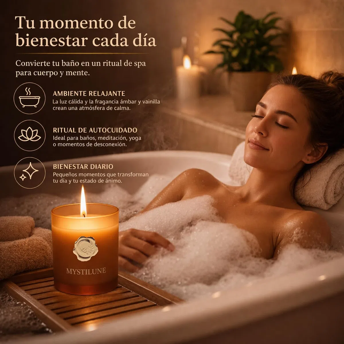 Vela Aromatica Relajante 200g – Regalo Mujer Bienestar – Aromaterapia Ámbar y Vainilla – Vela para Dormir y Relajación – Ritual Nocturno Spa en Casa – Vela Decorativa Cera Vegetal