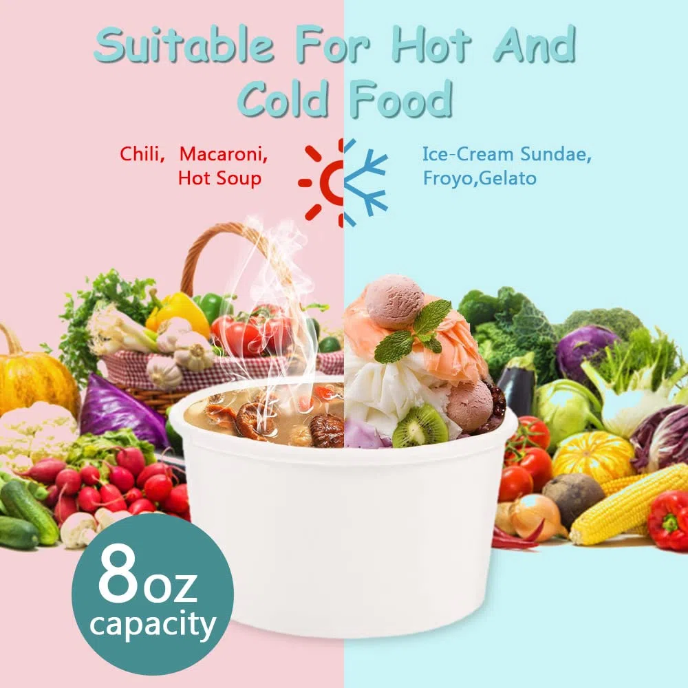 REFORUNG Helados de cartón 50 unidades ecológicos universales de cartón desechables 240 ml desechables vasos de papel con 50 cucharas de madera para helado, yogur congelado, sopa, blanco