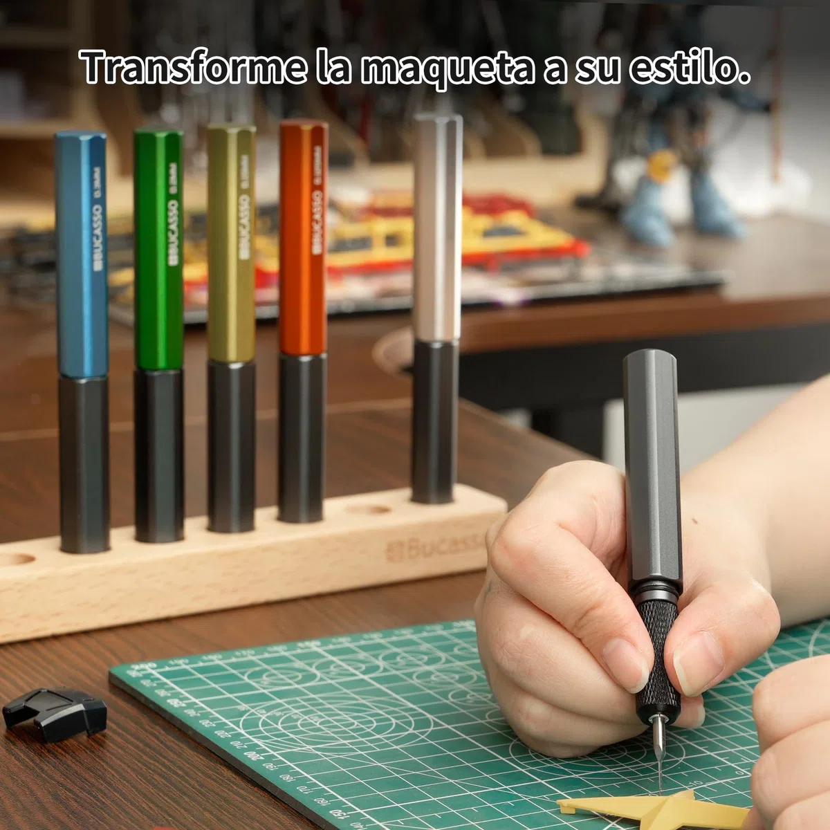 Modelo Scriber, 7-Piezas de acero de tungsteno cuchilla de trazado Set de herramientas 0.075/0.1/0.125/0.15/0.2/0.3/0.5mm, con soporte de madera para el modelado Hobby, Modelos de plástico
