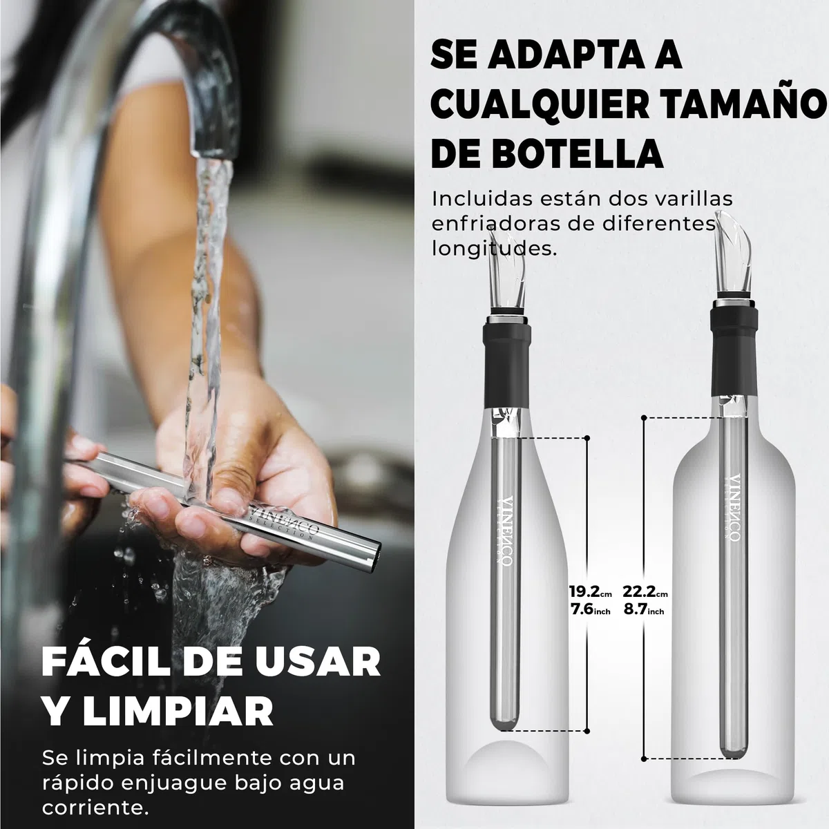 Enfriador de Botellas de Vino Blanco 3 en 1 Kit: Juego de Refrigeración Acero + Tapón Decantador + Aireador Accesorios Bar