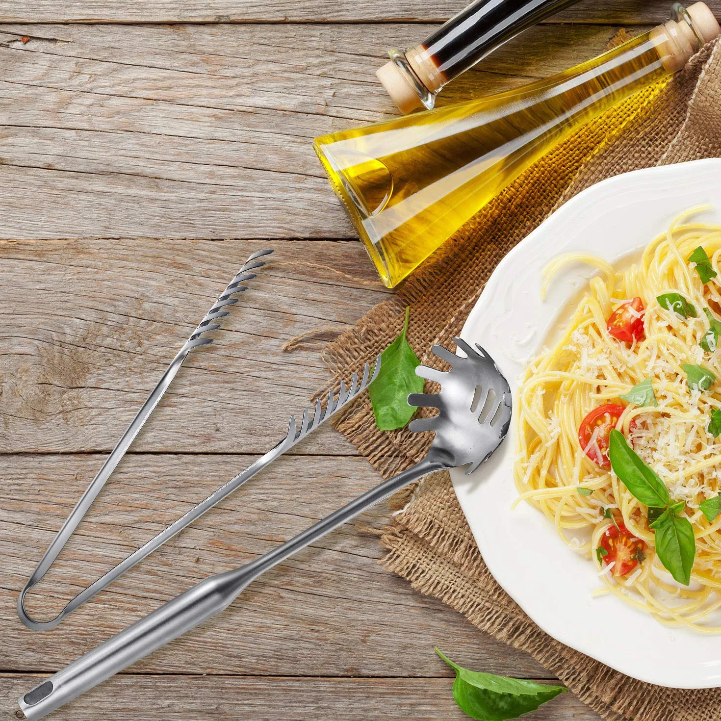 2 Cuchara de Espagueti Utensilio Grande para Servir Pasta Pinzas de Acero Inoxidable de 9,4 Pulgadas y Tenedor para Pasta de 13,6 Pulgadas con Mango de Vacío Servidor con Diseño de Agarre