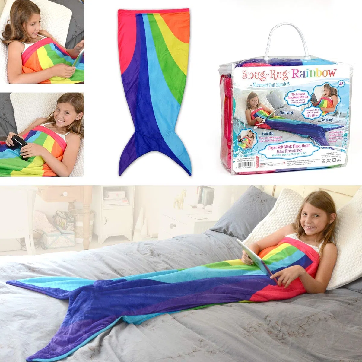 Snug Rug Manta de Forro Polar Multicolor con Cola de Sirena, Multicolor, de Calidad Supersuave, hasta 1,5 m de Altura, poliéster, 61 x 5 x 142 cm