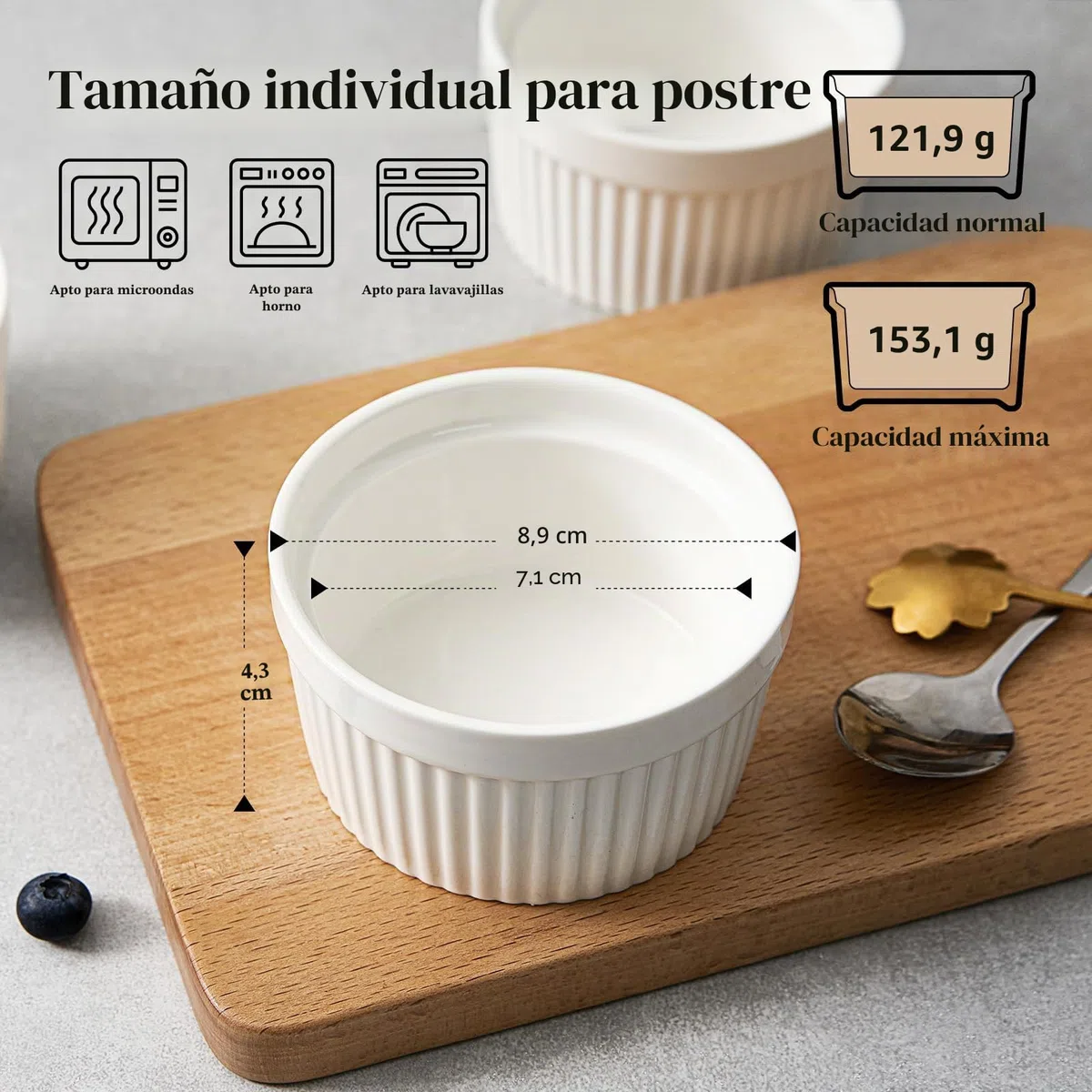DOWAN Moldes para Soufflé Set, 6 X 120ml Moldes de Porcelana para Crema Catalana y Postre, Mini Baking Moldes para Hornear Tartas, Apto para Lavavajillas, Microondas y Horno, Ø 9cm-Blanco