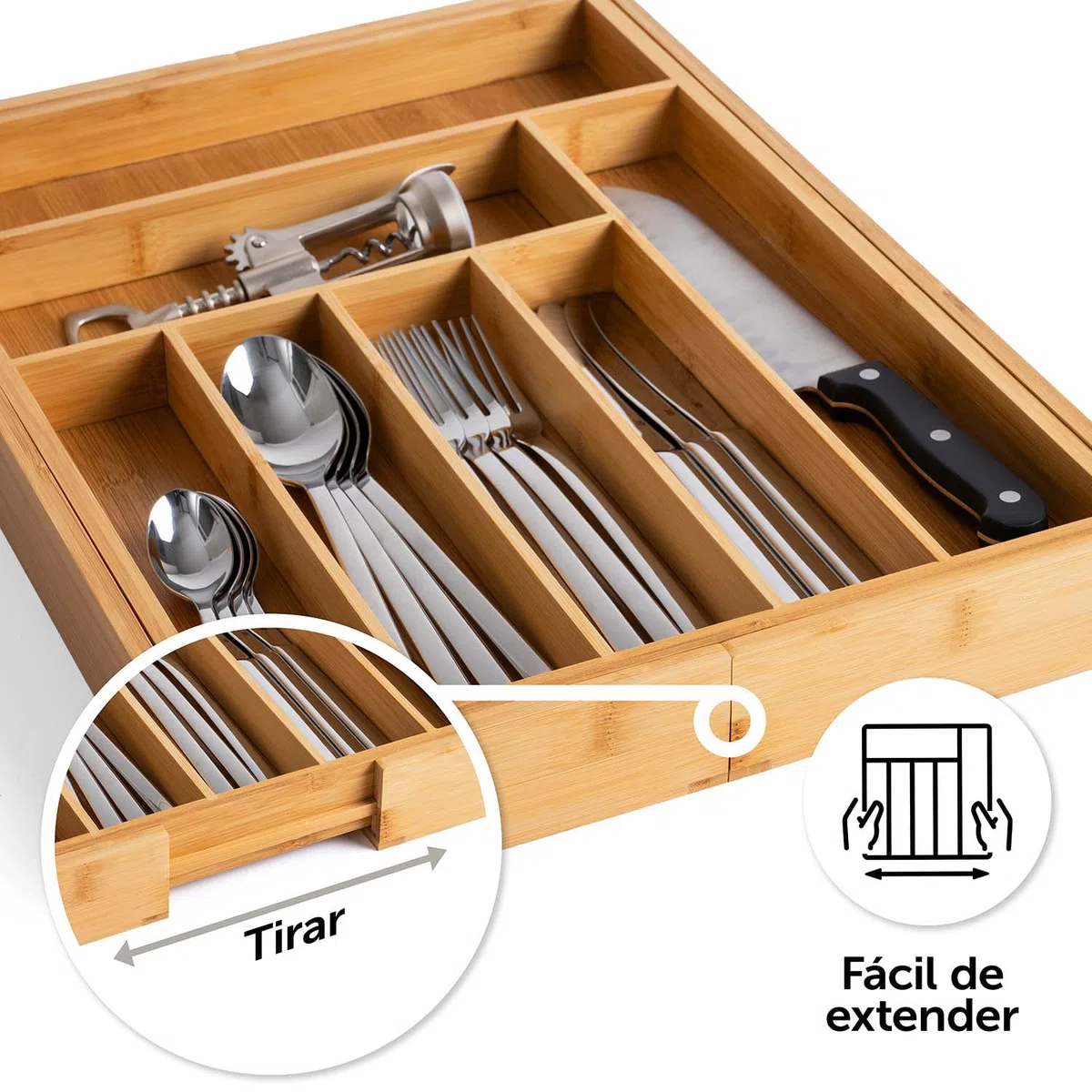 Blumtal Organizador Cubiertos de Bambú - Cuberteros para Cajón Cocina Ajustable - Organizador Cajones Cocina de 5 a 7 Compartimentos - Porta Cubiertos - Mediano