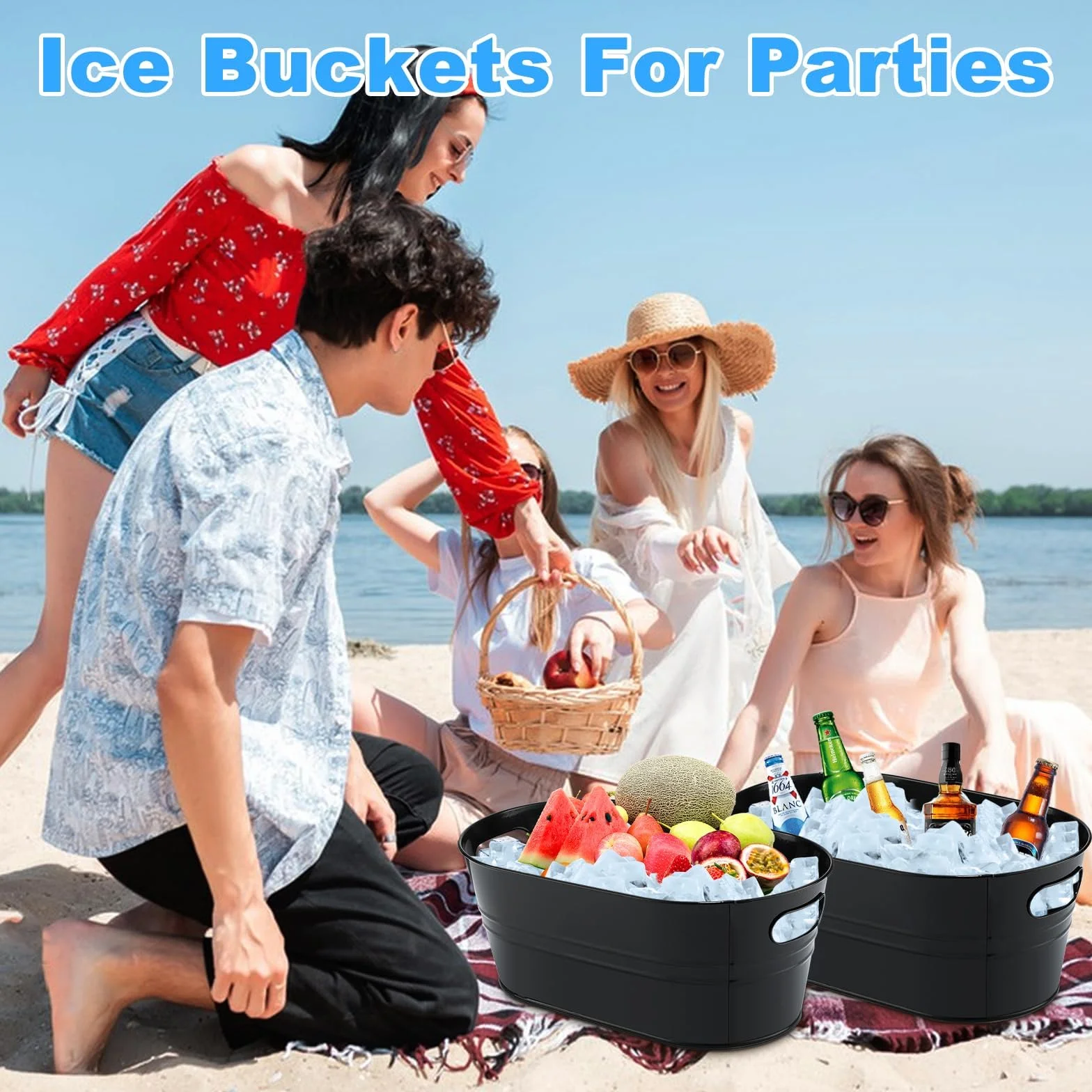 Paquete de 4 cubos de acero galvanizado para bebidas con asas, ideal para fiestas, barbacoas y bares, botellas de refrigeración, latas de cerveza o refrescos
