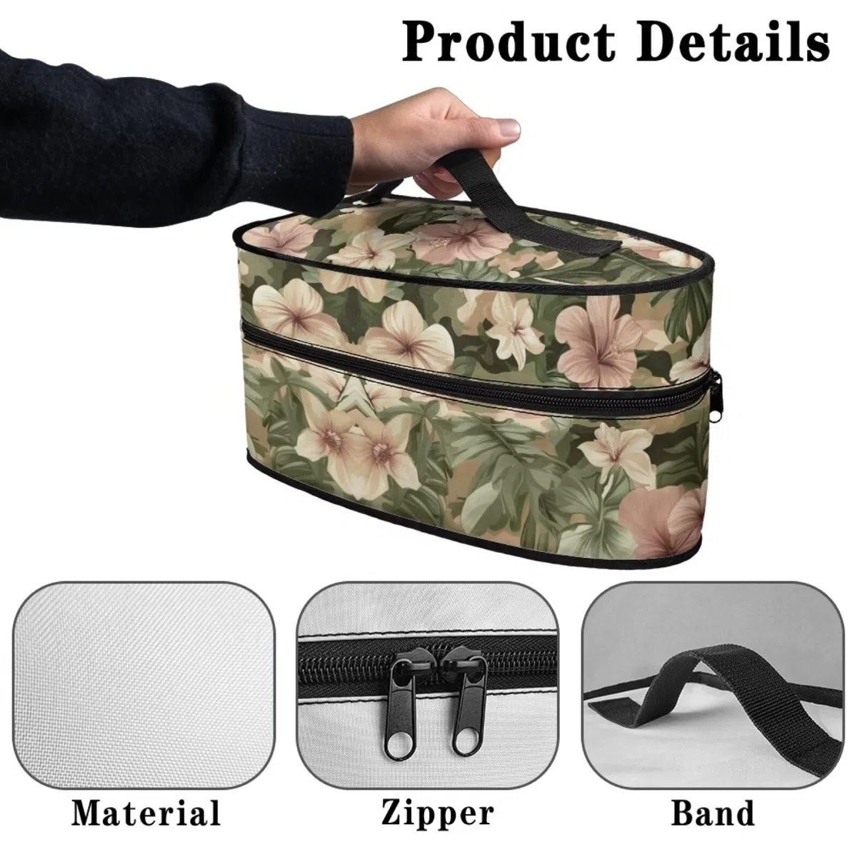 Bolsa de almacenamiento de hierro floral vintage con asa y cierre de cremallera, bolsa de almacenamiento portátil, bolsas de viaje