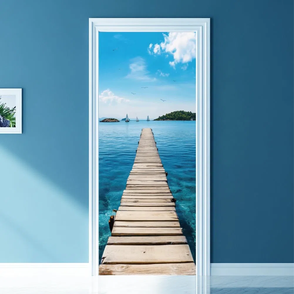 arricraft 2 calcomanías autoadhesivas para puerta, 31.5 x 78.7 pulgadas, murales de puerta con temática costera con diseño de velero, gaviotas, puente de PVC, decoración extraíble para dormitorio