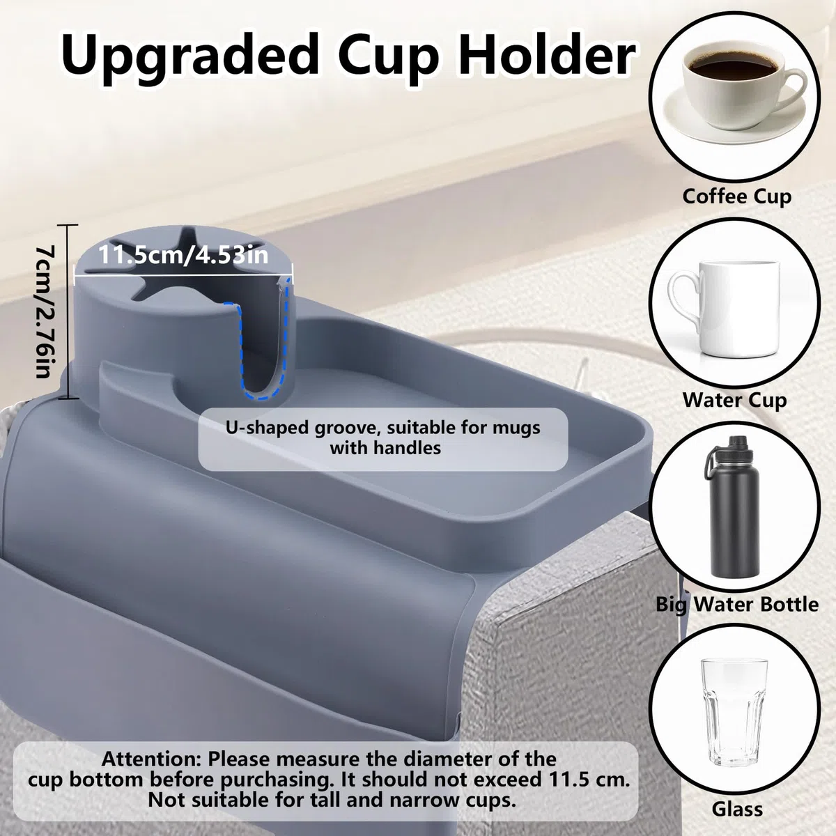 Bandeja para sofá con reposabrazos con soporte para bebidas, bandeja antideslizante para sofá con dos bolsillos laterales y soporte para teléfono, plegable de silicona, organizador de sofá