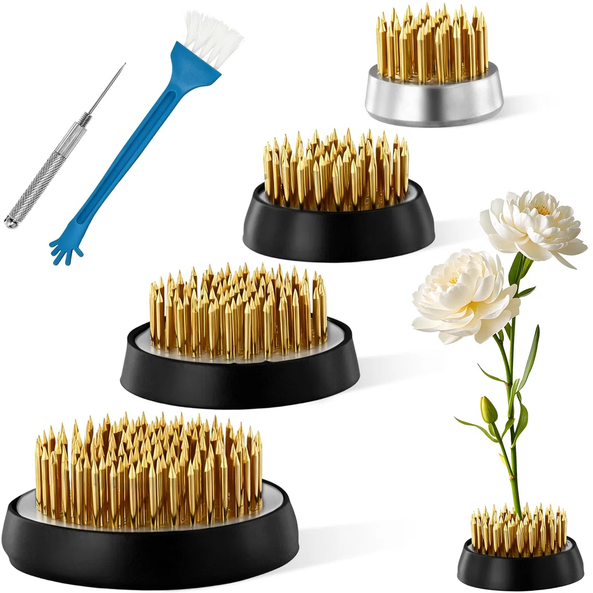 4Pcs Suministros Arreglo Flores con Base Goma, Tamaños Bases Floral 4 Diferentes 23/23/34/46mm, Pin Hodler Tallos Rana Ikebana Kenzan Redonda für Arreglos Florales, Creación Arte, Decoración Hogar