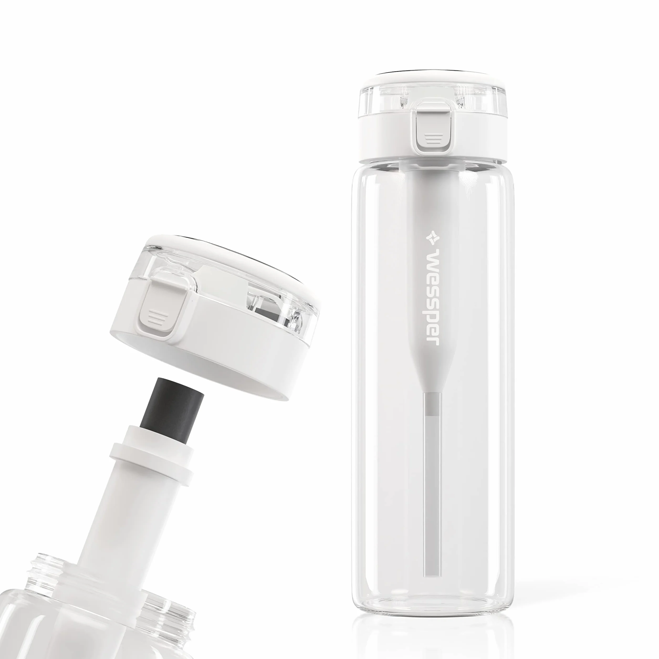 Wessper botella de vidrio, con tapón, sin BPA con filtro, deportiva de vidrio 680 ml, botella con filtro para exterior - transparente