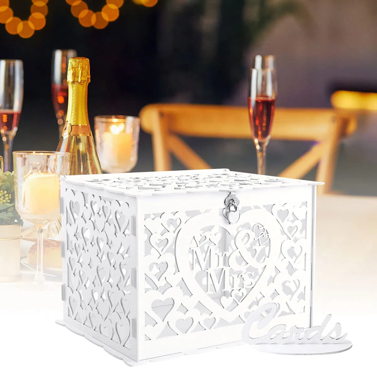 Benjia Caja para Tarjetas de Regalo de Boda, Hueca Caja de Tarjetas de Madera con Cerradura y Ranura para Tarjetas de Dinero Caja de Sobres para Boda Cumpleaños Aniversario Agradecimiento (Blanco)