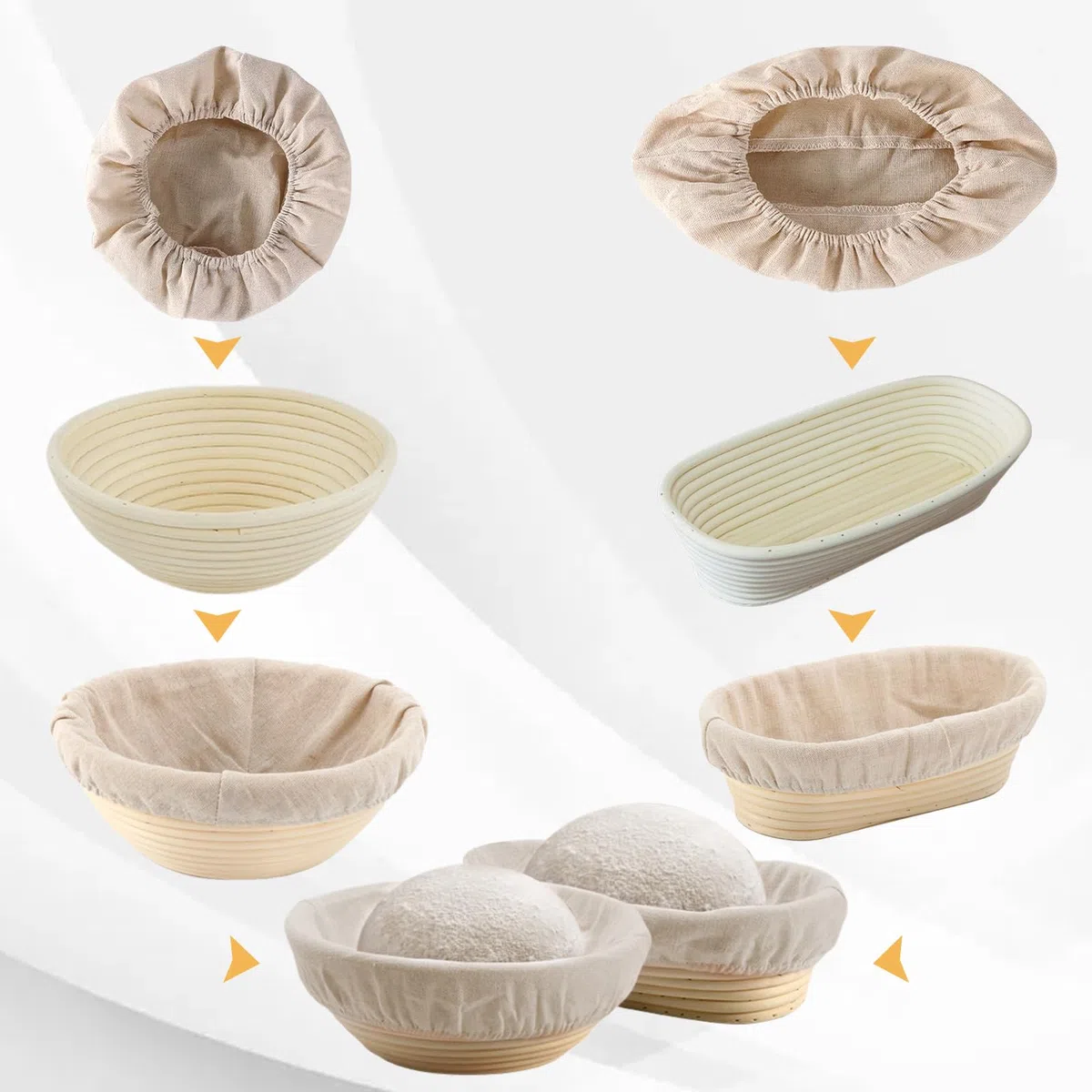 2 Paños de Lino Beige para Hornear Pan, Uno Redondo Y Otro Ovalado. Fundas Para Cestas De FermentacióN Para Preparar La Masa Y Hornear, Lino De Panadero (25cm+30cm)