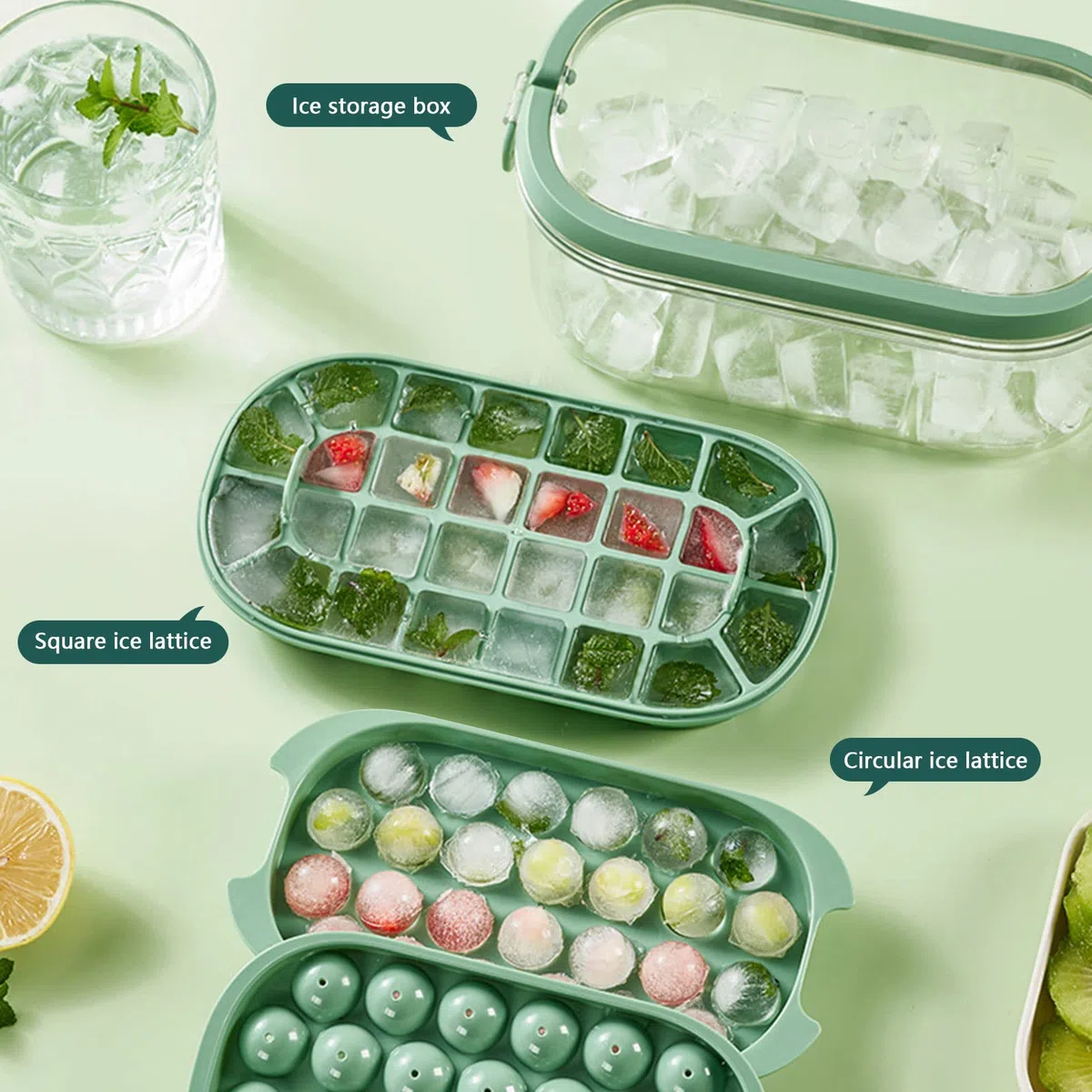 Cubiteras para Hielo de Silicona con tapa y recipiente, Moldes redondos y cuadrados de 54 piezas + pala - Perfectos para Bebidas y Congelador