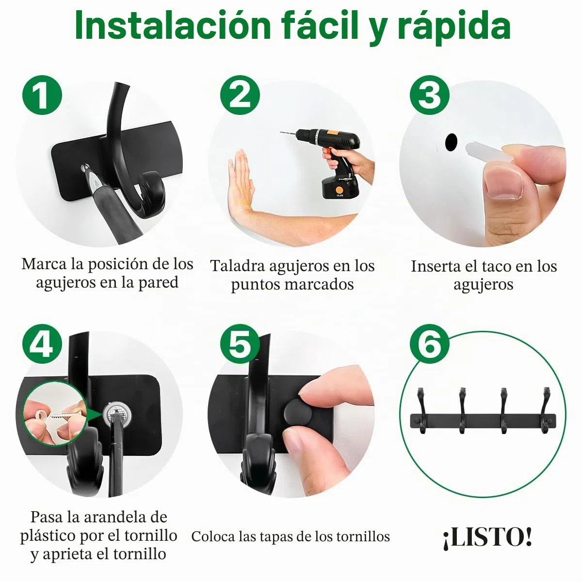 Percheros Pared Perchero de Pared con 5 Ganchos Dobles Negro Alta Capacidad de Carga, Duradero y Ahorra Espacio para Entrada Dormitorio Cocina Baño
