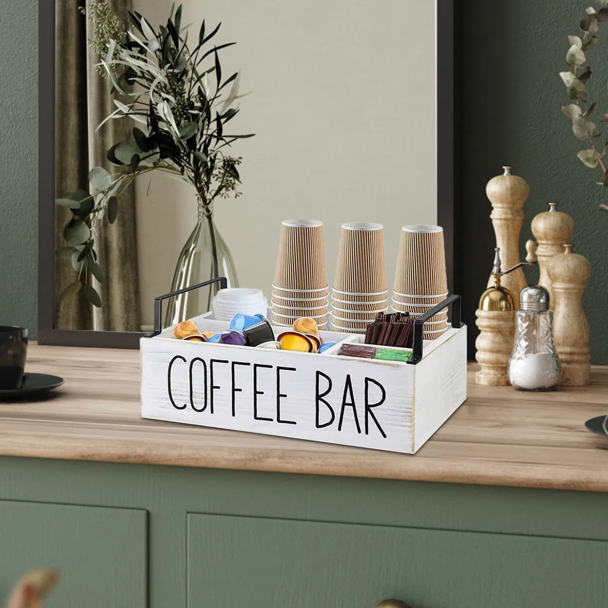 Kit De Barra De Café - Expositor De Barra De Café, Organizador De Condimentos De Café De Madera | Estante De Almacenamiento De Cápsulas De Café, Soporte De Accesorios De Café Para Mesa De Centro