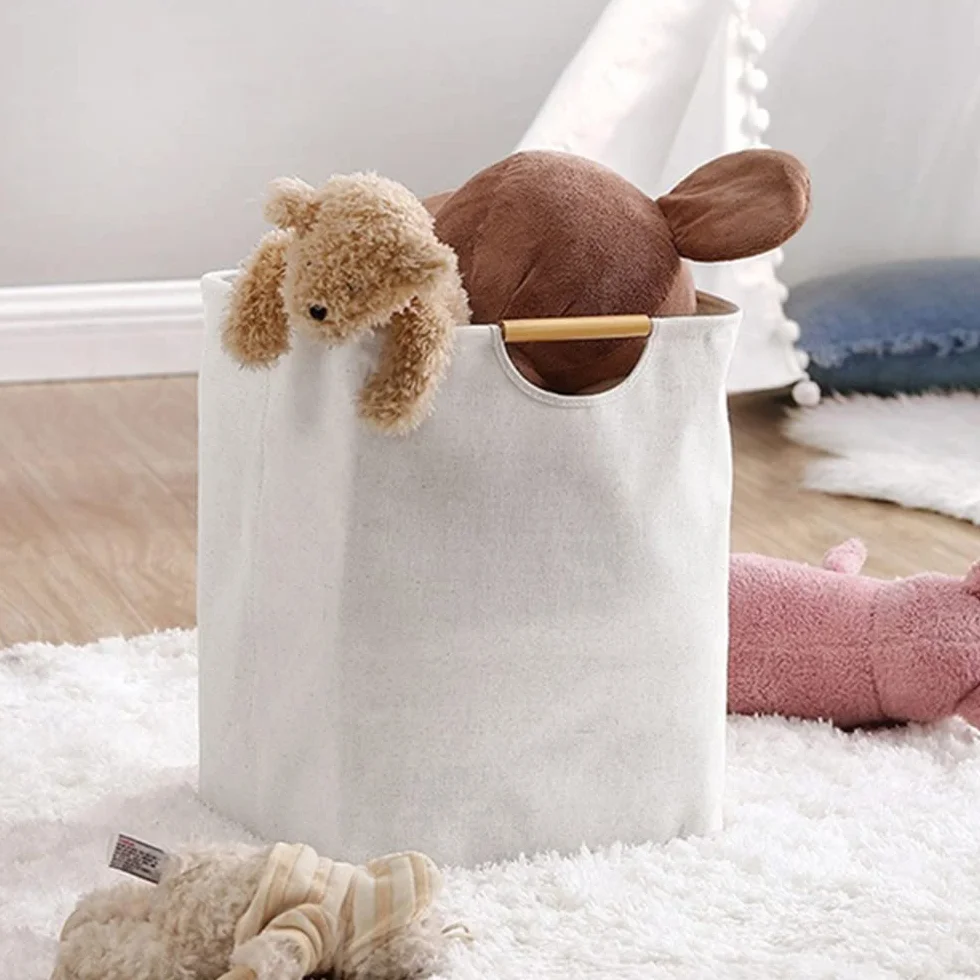 Cesto Ropa Sucia Plegable Portátil 40×30×30 cm con Mango de Madera, Impermeable para Salas, Dormitorios, Viajes
