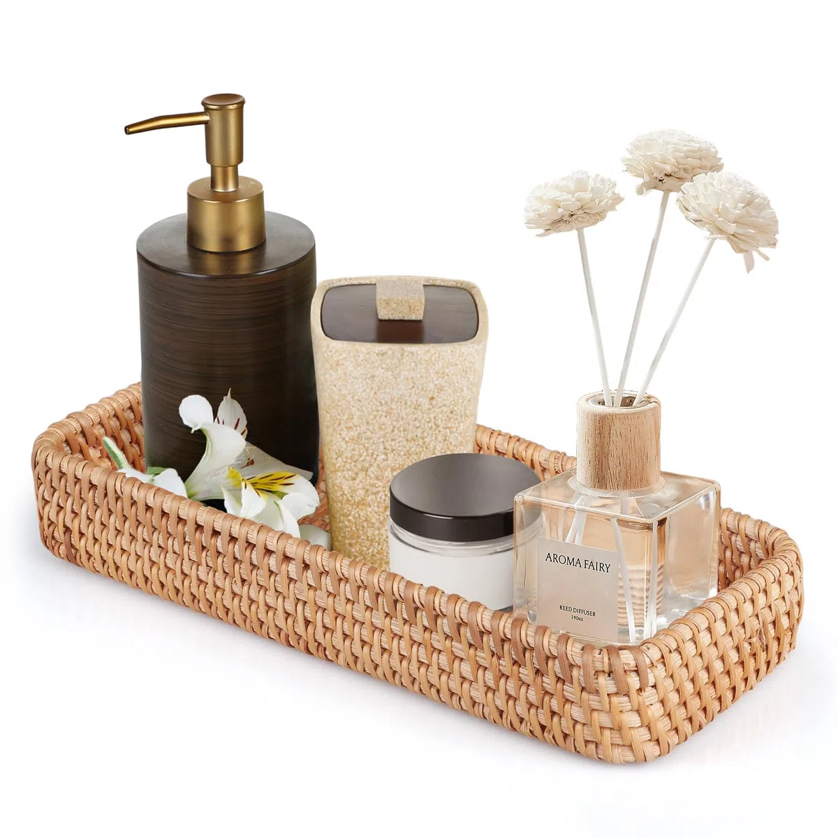 Bandeja Decorativa Rectangular, Cesta de Almacenamiento de Mimbre, Tejida A Mano, para Cocina, Baño, Dormitorio (28 x 11,5 x 4cm)