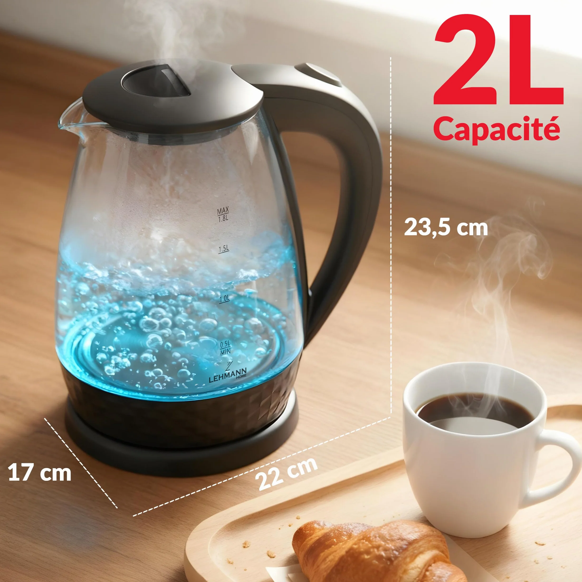 Lehmann LHOEK-2220C Hervidor eléctrico de vidrio para cocina, 2 L, 2200 W, hervidor eléctrico de vidrio, hervidor de agua con tanque iluminado y pedestal decorado, cocción rápida y gran capacidad