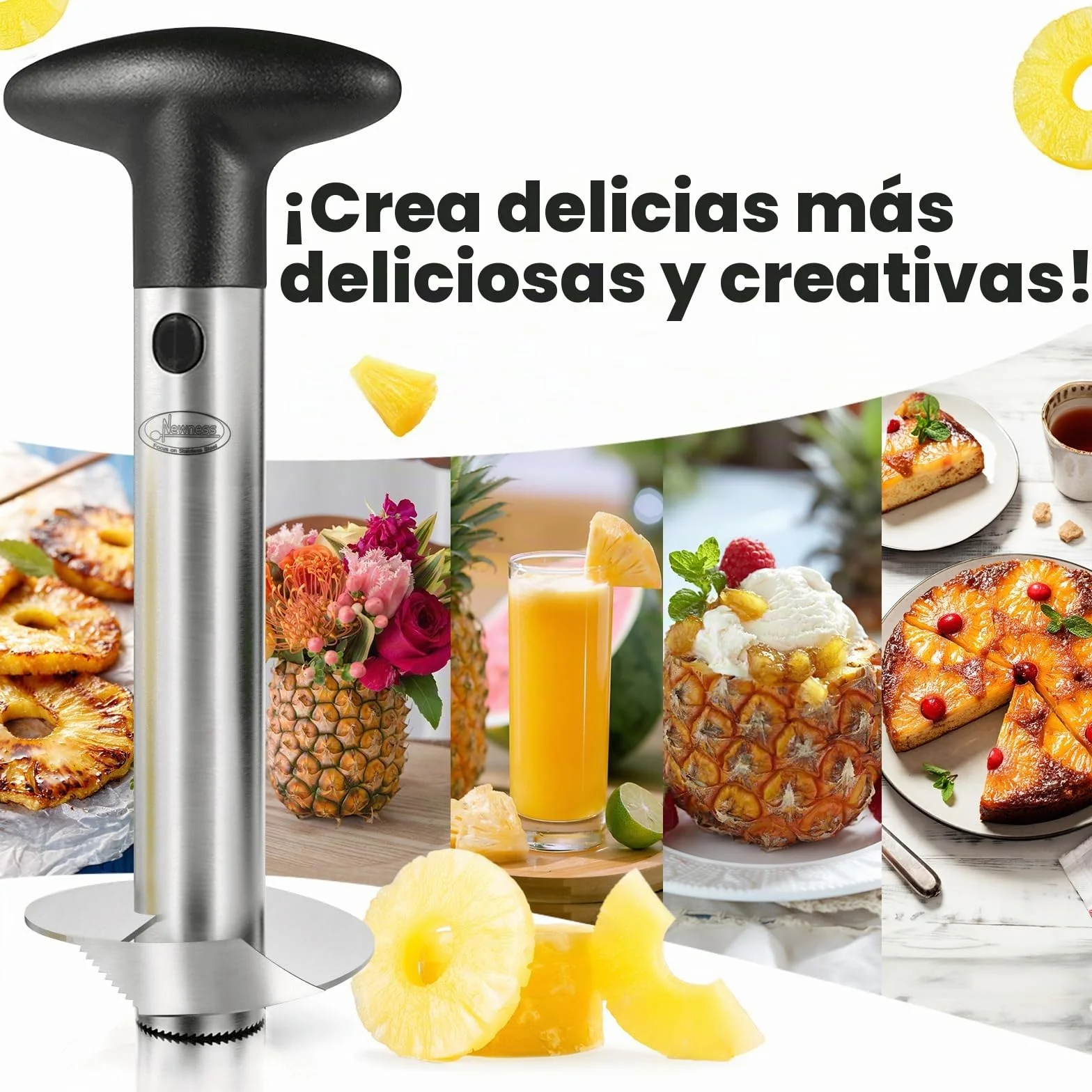 Newness Cortador de Piña de Acero Inoxidable,pelador de piña, Herramienta para el hogar y la Cocina con Cuchilla Afilada para Anillos de Frutas dicadas, [Mejorada, Reforzada, Gruesa]