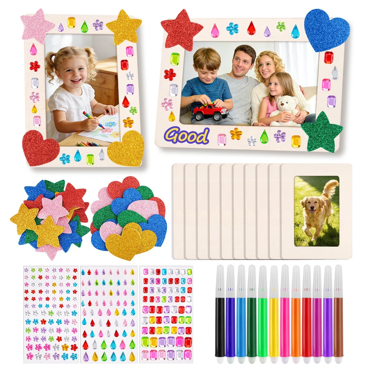 10 marcos de madera para pintar para niños,Kit de manualidades DIY para diseñar tus propios marcos de fotos de 19 x 14 cm,con 12 rotuladores y pegatinas, Ideal para cumpleaños infantiles, manualidades