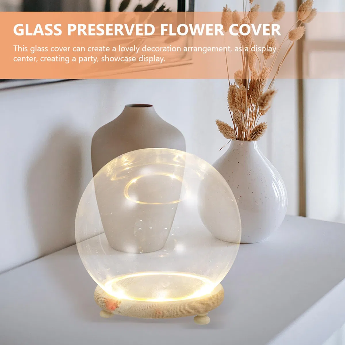 Cabilock Cúpula Cristal Base de Madera para Exhibir Flores Preservadas y Plantas Artificiales, Decoración Elegante Hogar o Obsequio Especial
