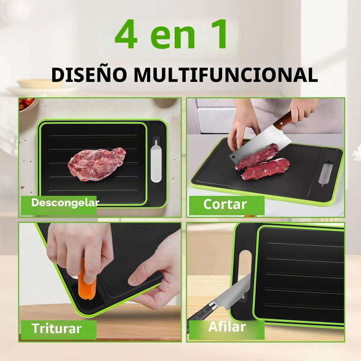 Tabla de Descongelación 4 en 1, Bandejas de Descongelación Rápida, Frost Away Tabla de Cortar con Función de Descongelación, con Descongelación, Corte, Rallador de Especias y Afilador de Cuchillos