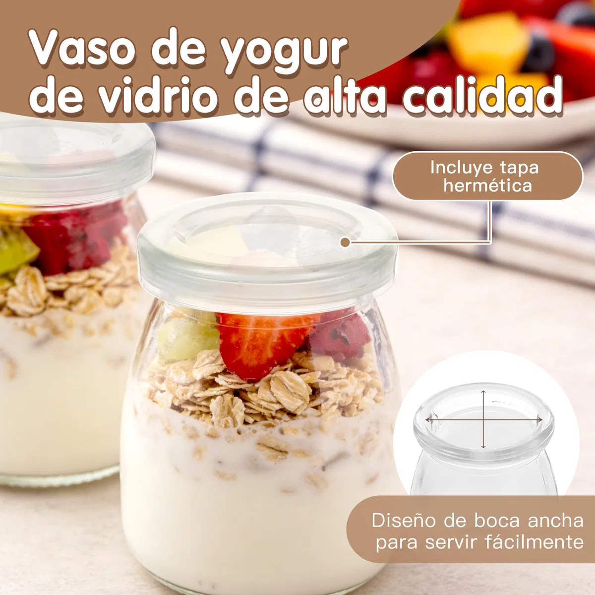 Tarros de postre con tapa, 200 ml, 12 tarros de cristal reutilizables para yogur con cepillo y cucharas, juego de alta calidad para yogur, pudín, postre y miel