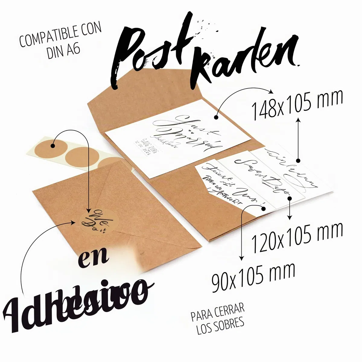 Japun - Pocketfold, Tarjetas de papel kraft en blanco plegables de bolsillo que incluyen sobres (DIN B6), boda, invitación - marrón - 25 piezas