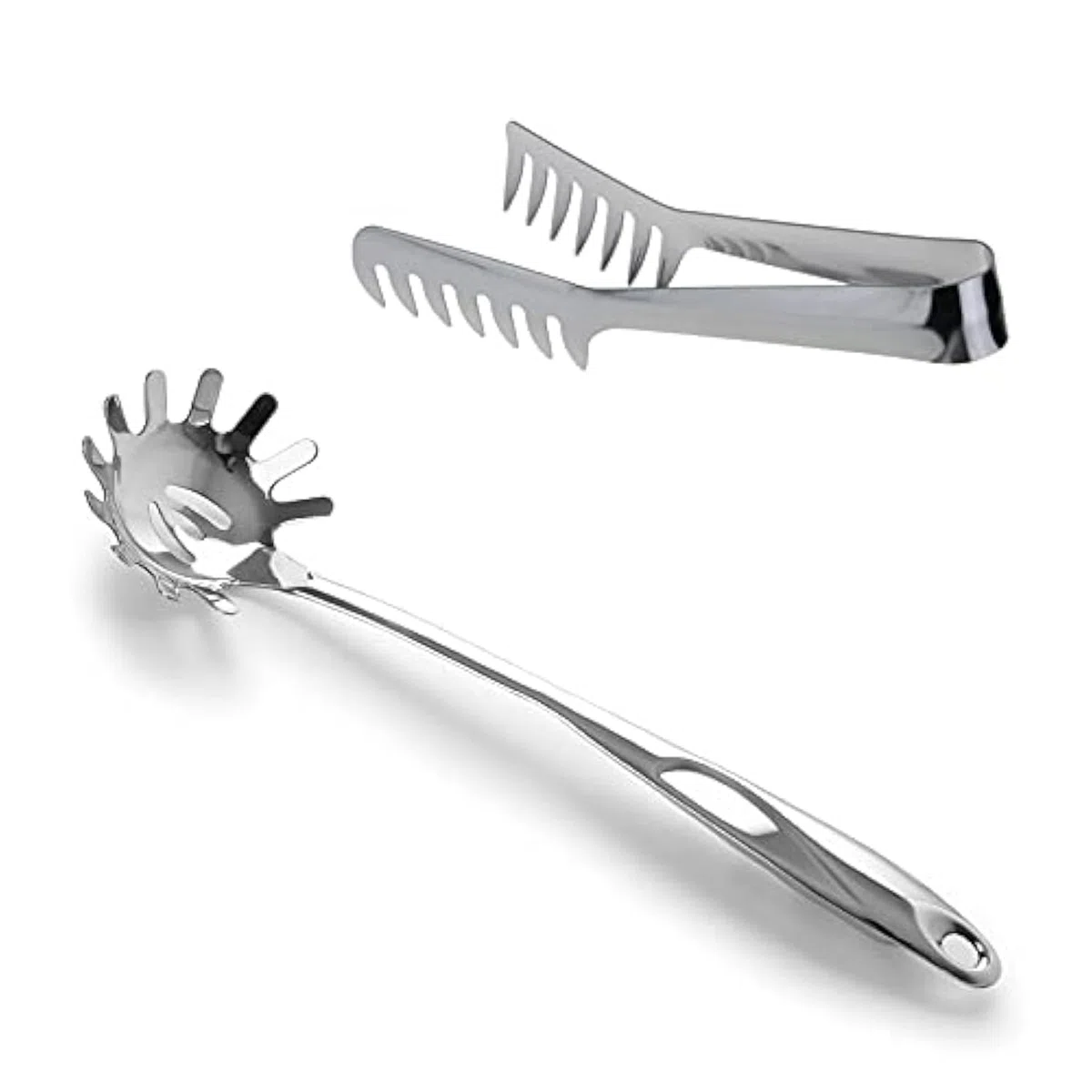 HornTide Set de Servidor de Pasta de Acero Inoxidable 1x Tenedor de Servir de 20cm 1x Cuchara de Espaguetis de 32cm Teethed Ends Design