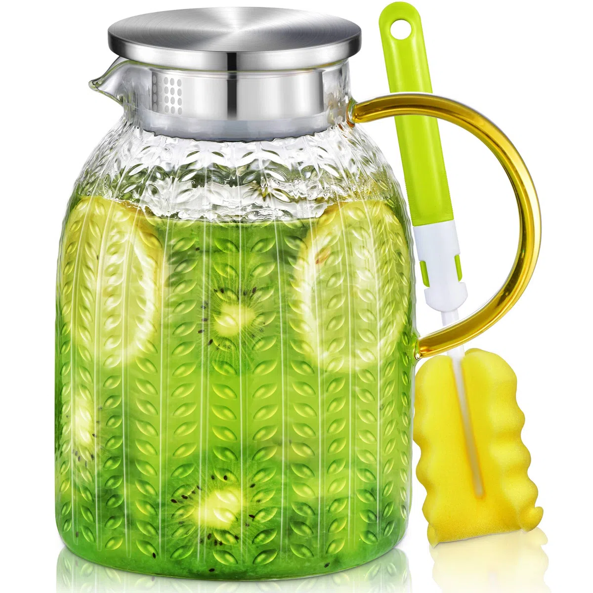 Aofmee Jarra Agua Cristal, Botella Agua Cristal 1,8 Litro con Cepillo, Jarra Agua con Tapa de Acero Inoxidable, Jarra para Agua, Té, Zumo, Leche y Sangria, Bebidas frías y Calientes