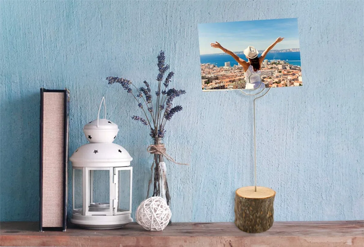 Voarge Soporte de madera rústica, con base de madera real, Memo Clip Portafotos Portanotas de Tocón Soporte para Tarjetas de Mesa Titular de Número y Foto, 20pcs con clip